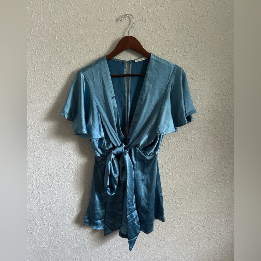 Here comes the sun Elegant Blue Satin Wrap Romper